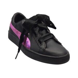 PUMA Basket Heart Bling Girls Shoes 6 Sneakers Black Purple Orchid Sequin 366847